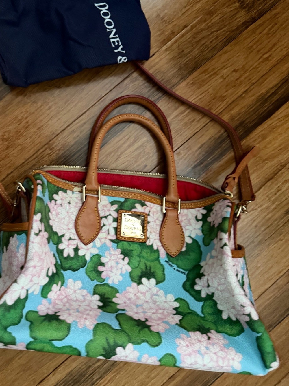 Dooney & Bourke Blue Floral Satchel with Pink Blossoms and Tan Trim